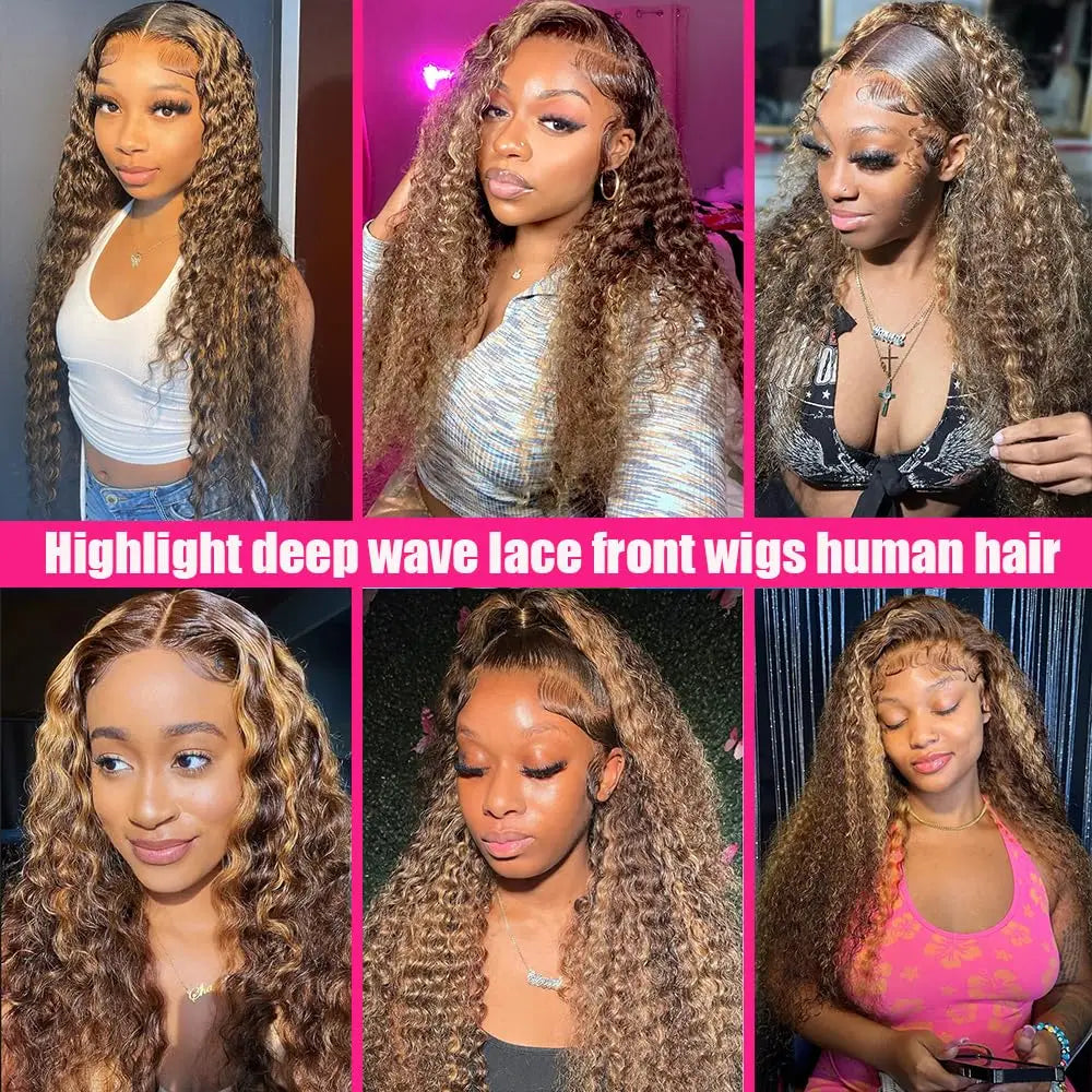 Highlight Wig Human Hair Ombre HD Lace Frontal Wig 13x6 Deep Wave Colored Honey Brown Water Wave Curly Wigs For Women Realace