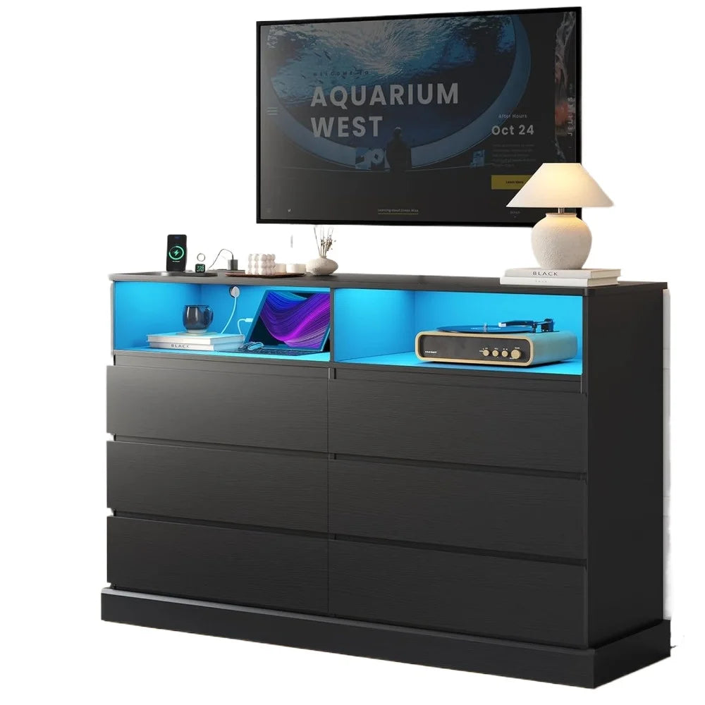 Black Dresser with LED Lights and Charging Station, 51.2"