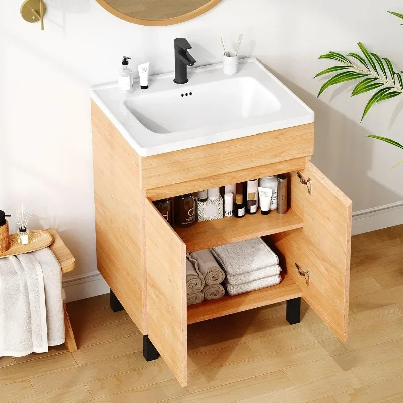 Natural Brown Bathroom Vanity with Undermount Ceramic Sink