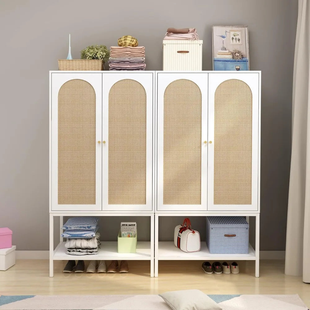 Rattan Freestanding Wardrobe Cabinet with Storage Cubes & Hanging Rod