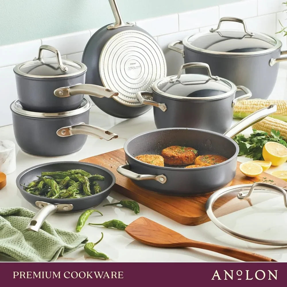 Anodized Nonstick Cookware Pots and Pans Set, 12 Piece - Moonstone Gray