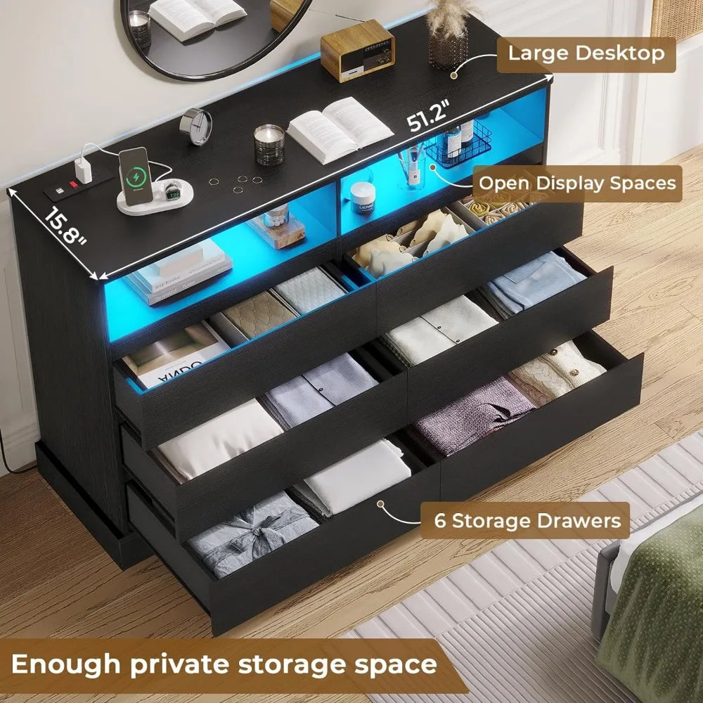 Black Dresser with LED Lights and Charging Station, 51.2"