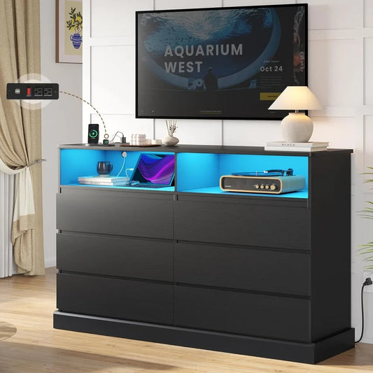 Black Dresser with LED Lights and Charging Station, 51.2"