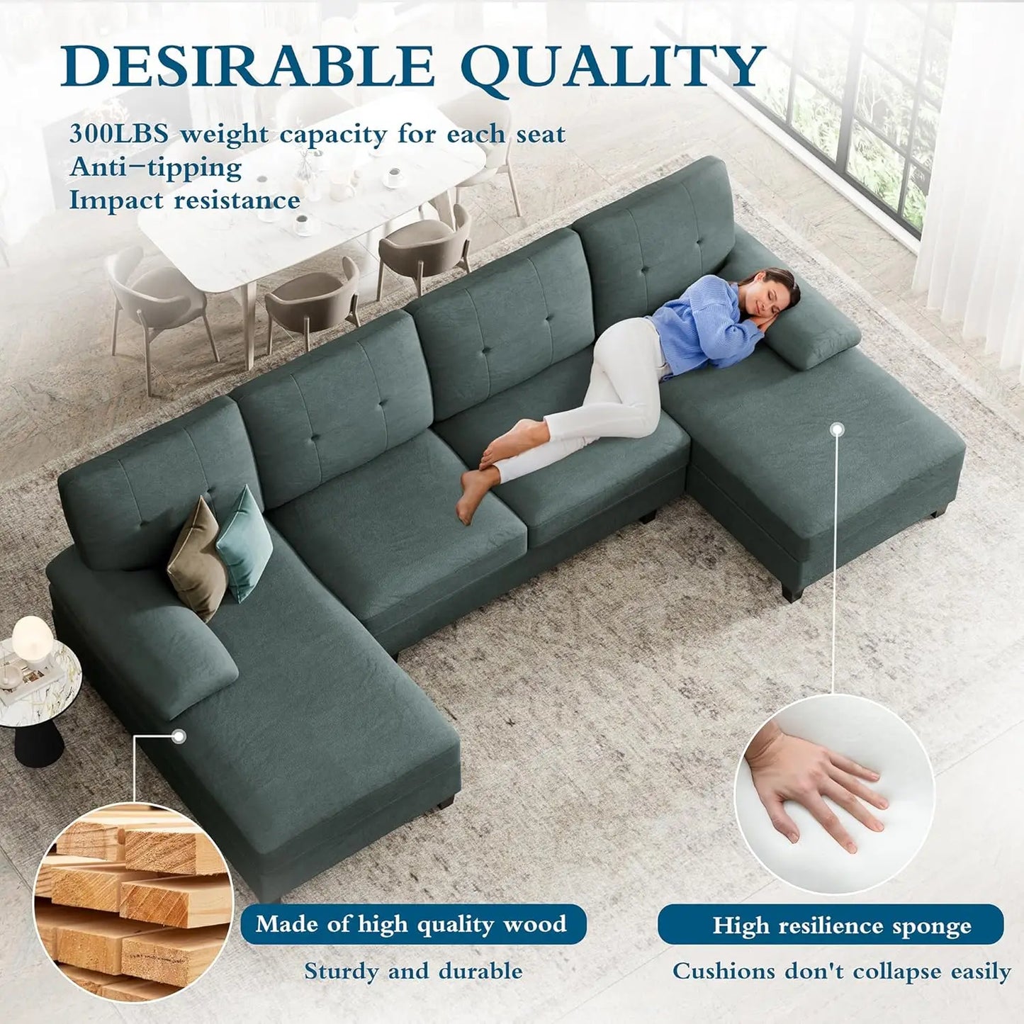 U-Shaped Sofa Couch with Linen Fabric and Double Chaises Sofa