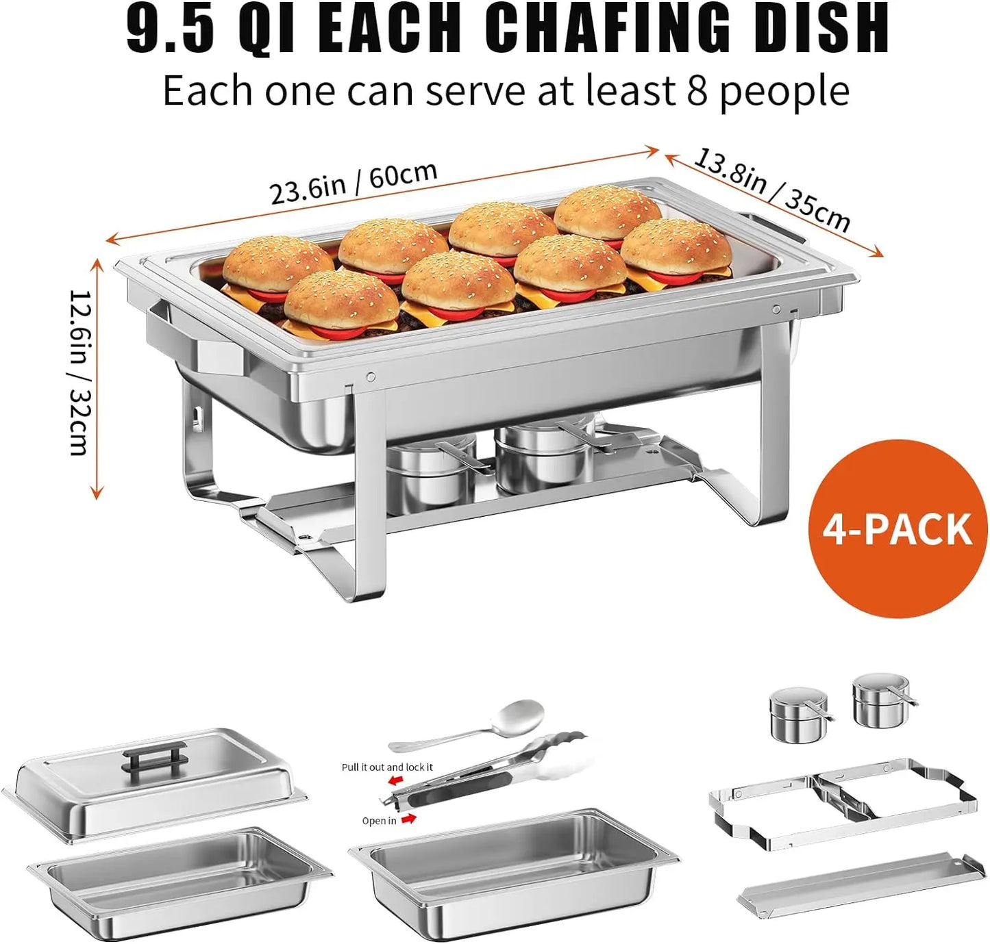 Chafing Dish Buffet Set, 4 Pack 9.5QT Chafing Dish High Grade Stainless Steel Chafer Complete Set, Gray Handle, Kitchen