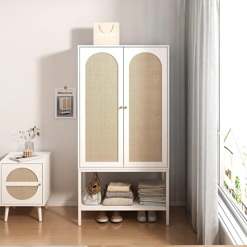 Rattan Freestanding Wardrobe Cabinet with Storage Cubes & Hanging Rod