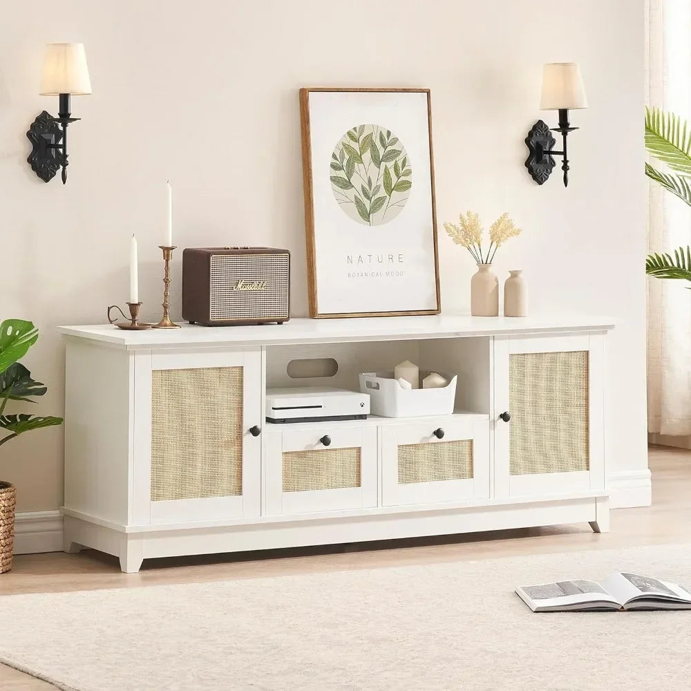 TV Cabinet Rattan Entertainment Center , White