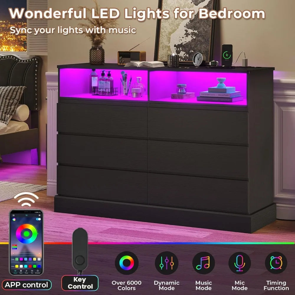 Black Dresser with LED Lights and Charging Station, 51.2"