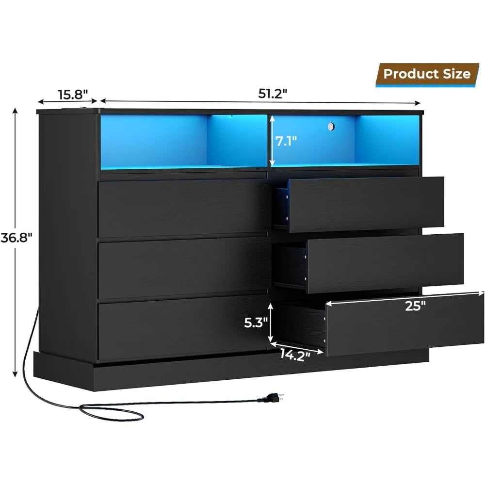 Black Dresser with LED Lights and Charging Station, 51.2"