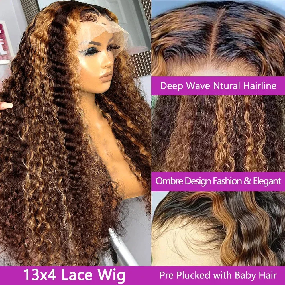 Highlight Wig Human Hair Ombre HD Lace Frontal Wig 13x6 Deep Wave Colored Honey Brown Water Wave Curly Wigs For Women Realace