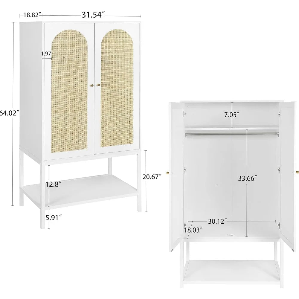 Rattan Freestanding Wardrobe Cabinet with Storage Cubes & Hanging Rod