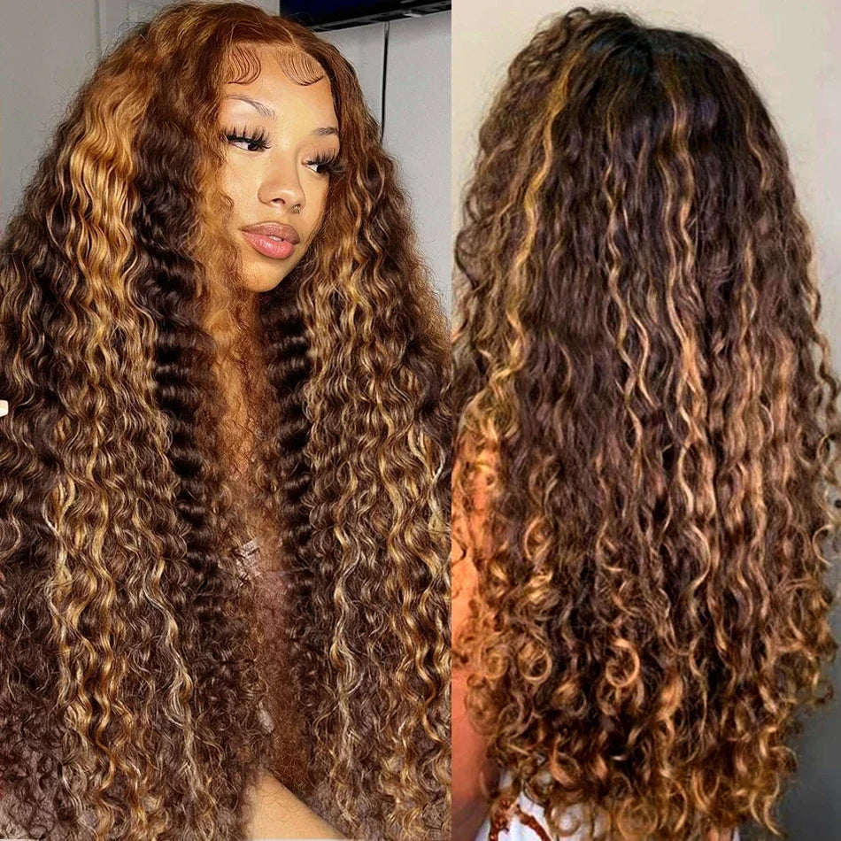 Highlight Wig Human Hair Ombre HD Lace Frontal Wig 13x6 Deep Wave Colored Honey Brown Water Wave Curly Wigs For Women Realace