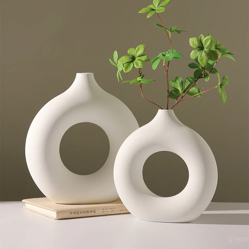 Imitation Ceramic Pure White Vase Decorative Vasen Single Branch Flower Arranging Ornament Donut Design Flowerpot Table Decor