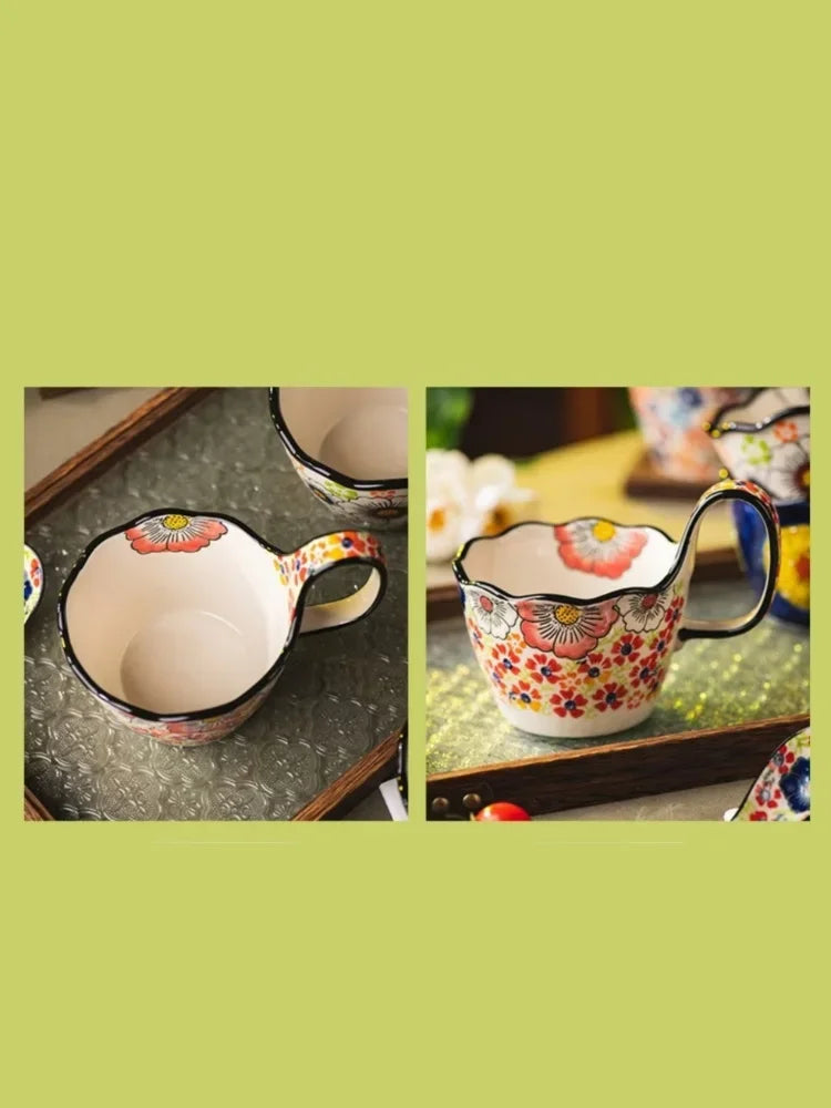 1Pcs 400ML Hand Drawn Handlebar Cup Ceramic Water Household Breakfast Mug Office Cup Couple Coffee Tea Cup