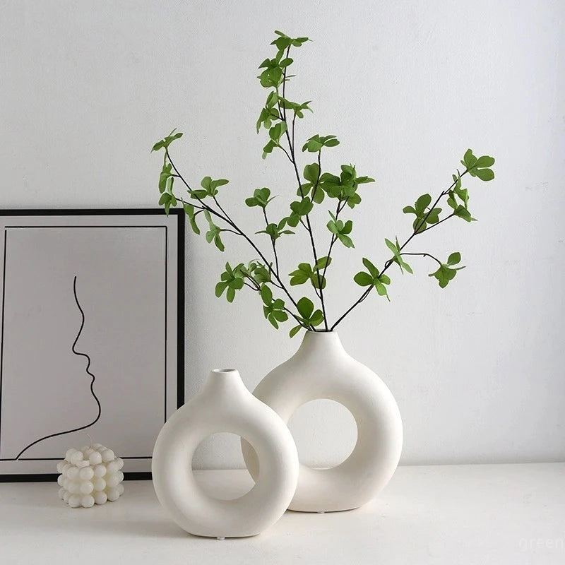 Imitation Ceramic Pure White Vase Decorative Vasen Single Branch Flower Arranging Ornament Donut Design Flowerpot Table Decor