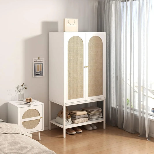 Rattan Freestanding Wardrobe Cabinet with Storage Cubes & Hanging Rod