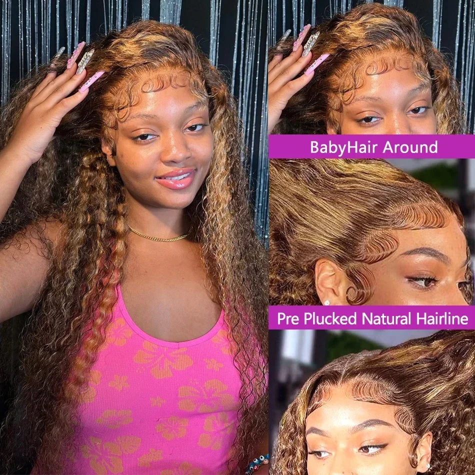 Highlight Wig Human Hair Ombre HD Lace Frontal Wig 13x6 Deep Wave Colored Honey Brown Water Wave Curly Wigs For Women Realace