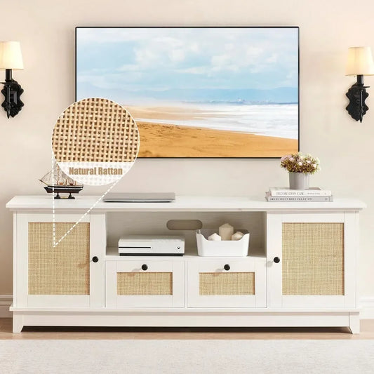 TV Cabinet Rattan Entertainment Center , White